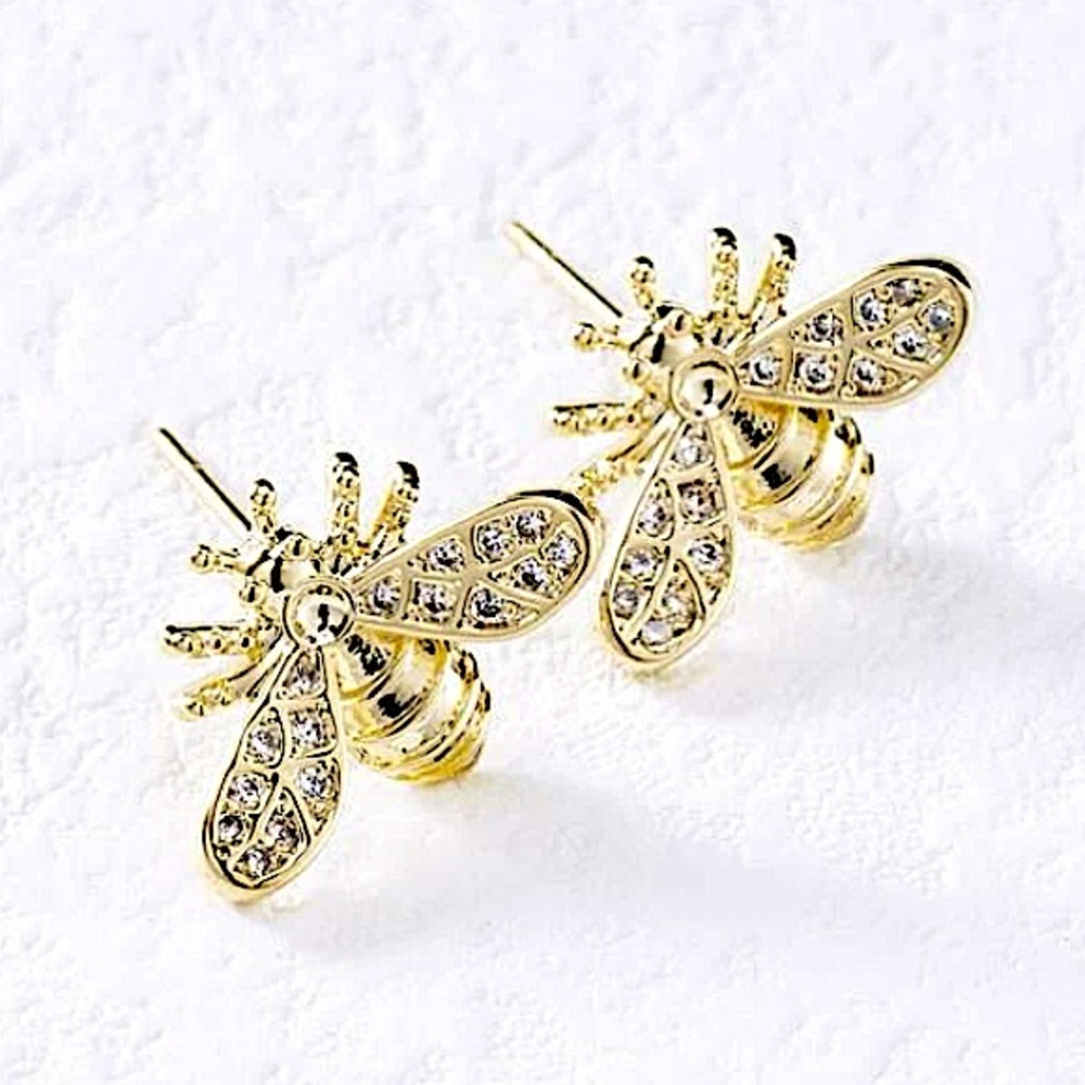 Bumble Bee Gold Plated Stud Zircon Earrings - Picture 3 of 6
